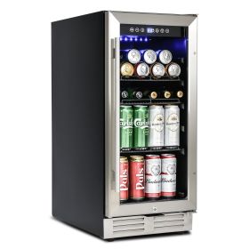 Built-in and Freestanding 15" Mini Beverage Refrigerator/Wine Cabinet, 120 Cans, 34-65°F, Quiet, Adjustable Shelves, LED Lighting, ETL