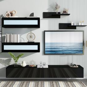 ON-TREND Wall Mount Floating TV Stand with Four Media Storage Cabinets and Two Shelves, Modern High Gloss Entertainment Center for 95+ Inch TV