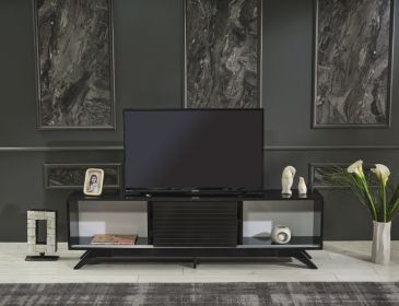 FurnisHome Store Luxia Mid Century Modern Tv Stand 2 Sliding Door Cabinet 2 Shelves 67 inch Tv Unit, Black