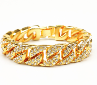 Full Diamond Cuban Chain Men's Bracelet Domineering Cool Trendy Bracelet (Color: Gold)