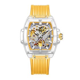 Men's Skeleton Automatic Mechanical Silicone Watch (Color: White and yellow yellow belt)