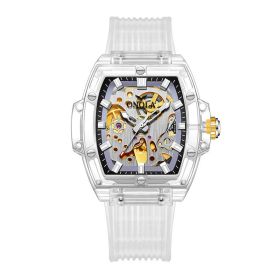 Men's Skeleton Automatic Mechanical Silicone Watch (Color: White and yellow leucorrhea)