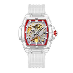 Men's Skeleton Automatic Mechanical Silicone Watch (Color: Transparent white and red)