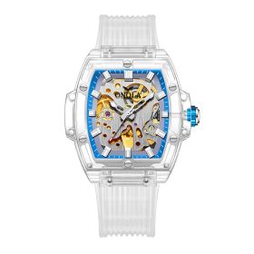 Men's Skeleton Automatic Mechanical Silicone Watch (Color: White and blue white belt)