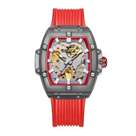 Men's Skeleton Automatic Mechanical Silicone Watch (Color: Black and red red belt)