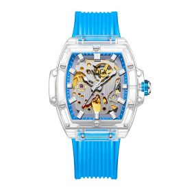 Men's Skeleton Automatic Mechanical Silicone Watch (Color: White and blue blue belt)