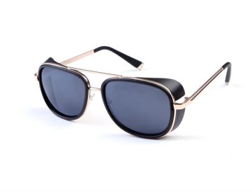 Iron Fashion Man 3 IRON TONY Windscreen Sunglasses for Men and Women Double beam Sunglasses Retro Personality Glasses (Colour: Matte black frame gold leg black slice)