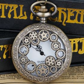 Steampunk Copper Vintage Hollow Gear Hollow Quartz Pocket Watch Necklace Pendant Clock Chain Men Women (Color: Brown)