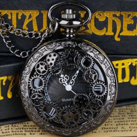 Steampunk Copper Vintage Hollow Gear Hollow Quartz Pocket Watch Necklace Pendant Clock Chain Men Women (Color: Black)