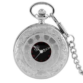 Vintage Charm Black Unisex Fashion Roman Number Quartz Steampunk Pocket Watch Women Man Necklace Pendant with Chain Gifts P427 (Color: Silver  pocketchain, Ships From: China)