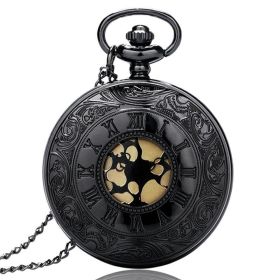 Vintage Charm Black Unisex Fashion Roman Number Quartz Steampunk Pocket Watch Women Man Necklace Pendant with Chain Gifts P427 (Color: Black necklacechain1, Ships From: China)