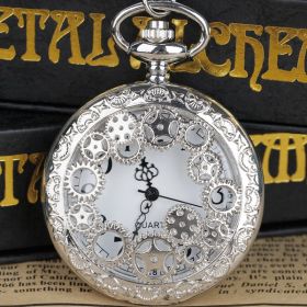 Steampunk Copper Vintage Hollow Gear Hollow Quartz Pocket Watch Necklace Pendant Clock Chain Men Women (Color: SILVER)