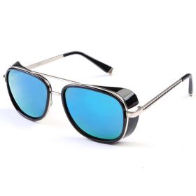 Iron Fashion Man 3 IRON TONY Windscreen Sunglasses for Men and Women Double beam Sunglasses Retro Personality Glasses (Colour: Black framed blue color chip)