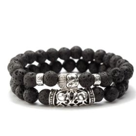 Tiger Eye Lava Stone Bead Buddha Bracelet Jewelry Yoga Prayer Bracelets Men Women Mujer Pulseras (Metal Color: Black)