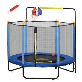 Qaba 4.6' Kids Trampoline with Basketball Hoop, Horizontal Bar, 55" Indoor Trampoline with Net, Small Springfree Trampoline Gifts for Kids Toys (Color: as Pic)