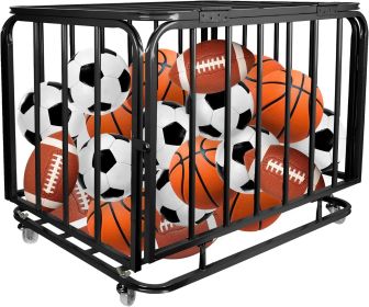 Foldable Mental Sports Ball Storage Cart Rolling Ball Cart with Lid and Wheels Large Capacity Basketballs Organizer for Gym, School, Club (Color: Black-New)