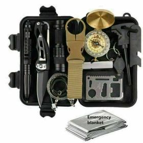 14-In-1 Outdoor Emergency Survival Kit Camping Hiking Tactical Gear Case Set Box (Color: Black)